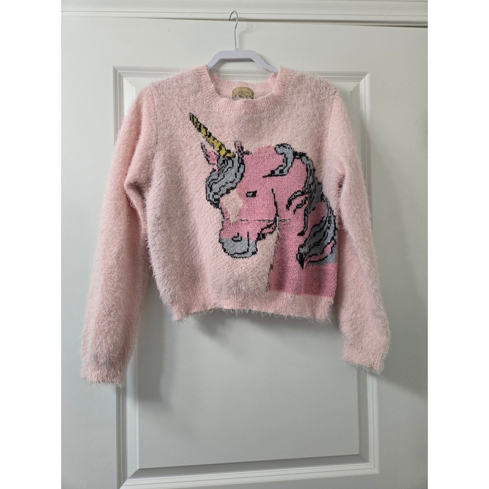Roebuck & Co Girls Pink Fuzzy Eyelash Knit Unicorn Sweater XL 18 Pullover